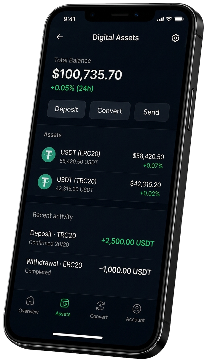 Titan digital assets app with USDT wallets