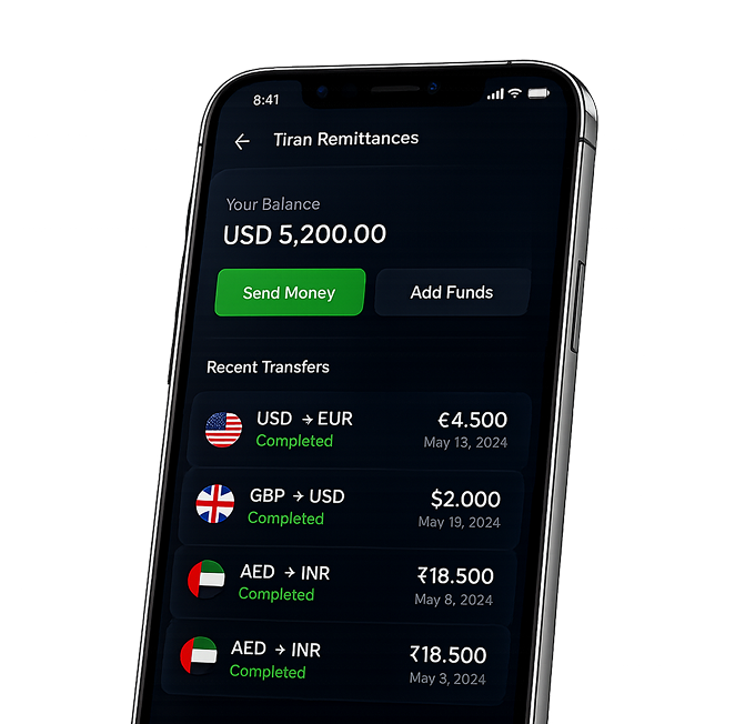 Titan Remittances app showing balance and recent transfers